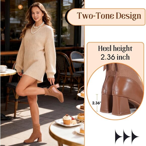 Women's Chestnut Square Toe Low Block Heel Chelsea Back Zipper Mid Calf Booties - Picture 4 of 6